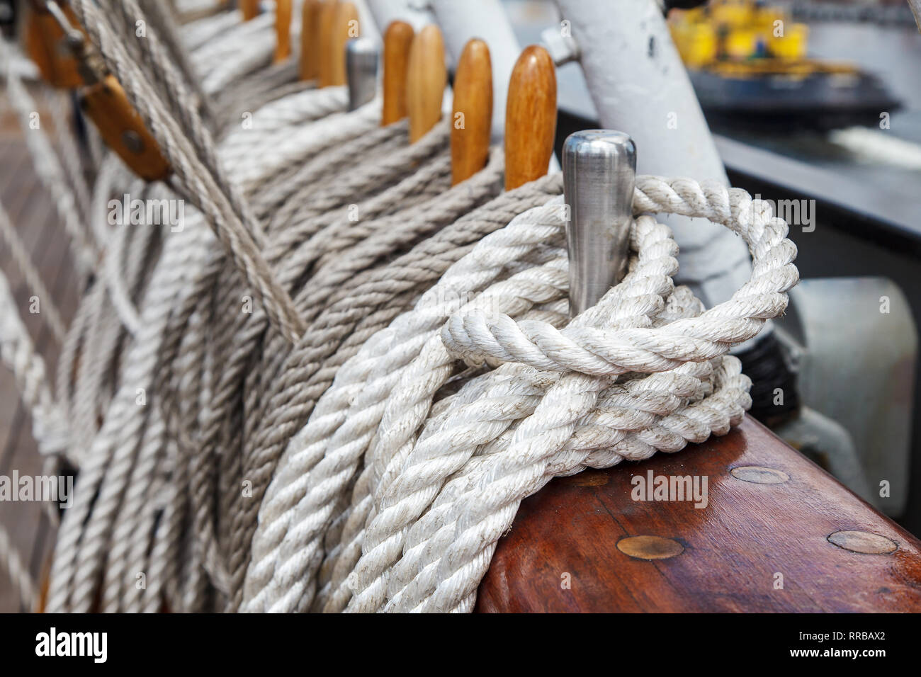 ship rigging. ropes laid near the masts outdoor closeup Stock Photo Alamy