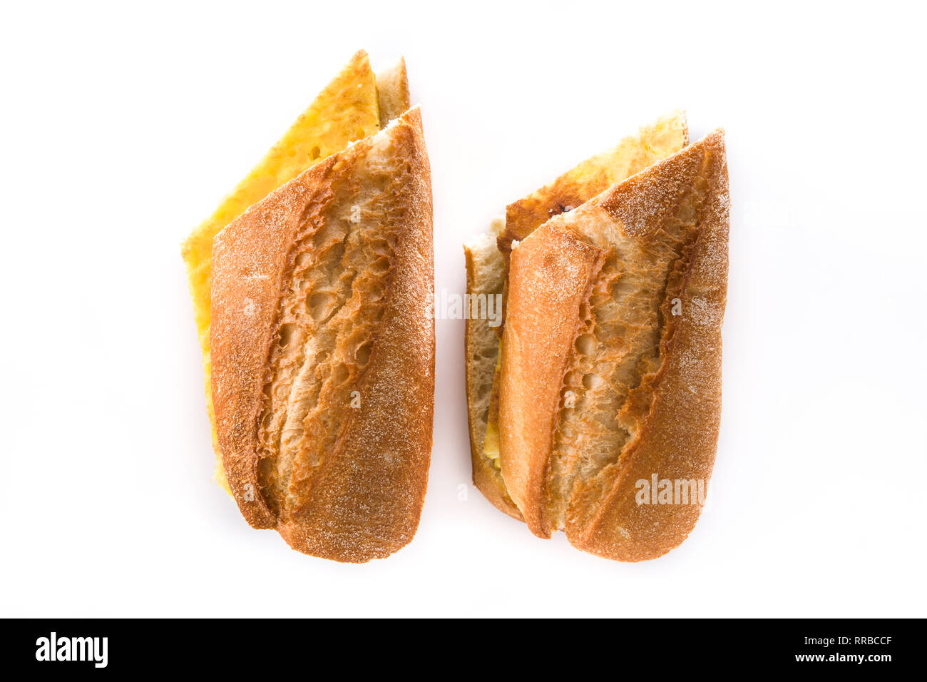 Bocadillo de tortilla española. Spanish potato omelette sandwich isolated on white background.Typical spanish food. Top view Stock Photo