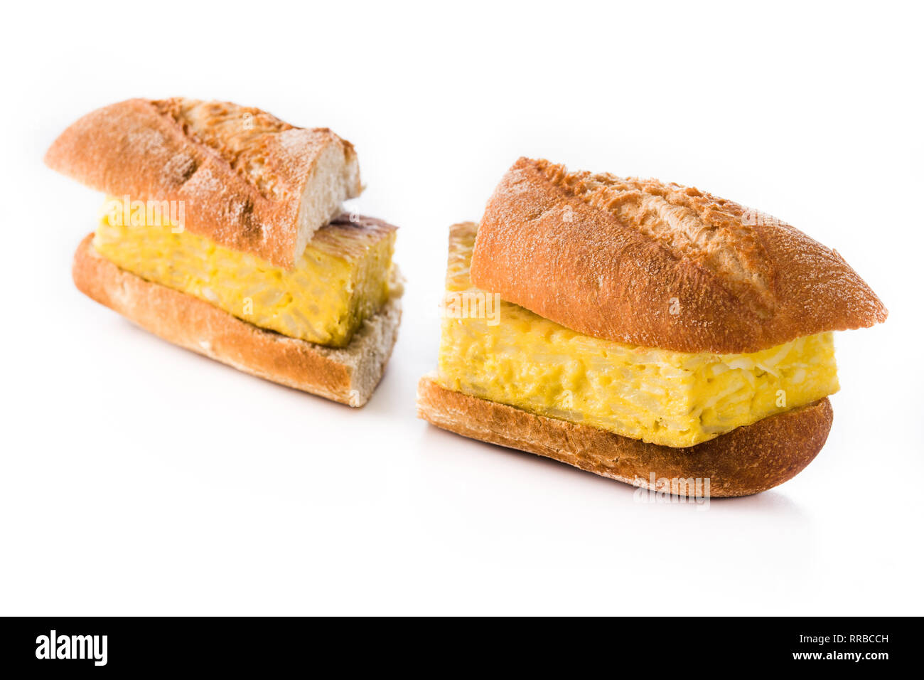 Bocadillo de tortilla española. Spanish potato omelette sandwich isolated on white background.Typical spanish food Stock Photo