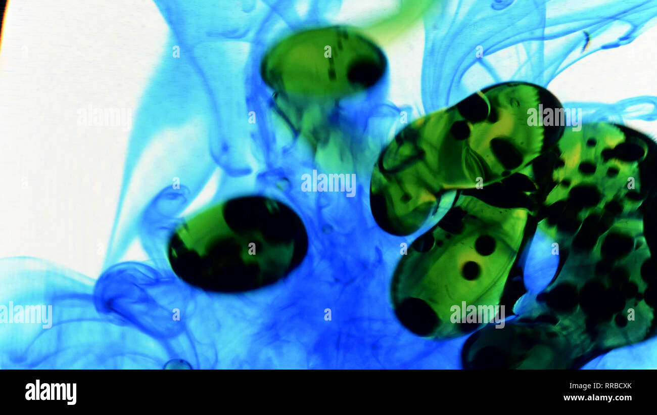 drops of oil and blue ink that enters the water forming animated ...