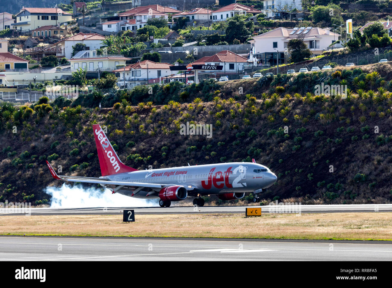 Jet2 Boeing 737 landing at Cristiano Ronaldo (Funchal) Airport, Madeira, Portugal. Stock Photo