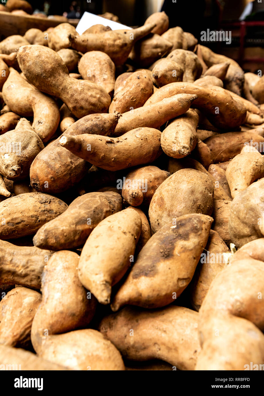 Sweet potatoes on a stall at Lavradores market, Madeira, Portugal. Stock Photo