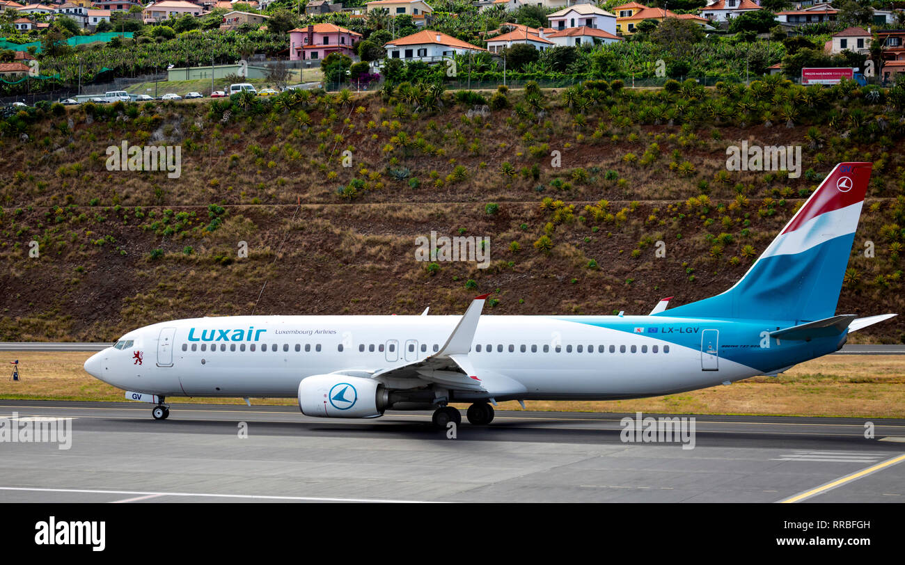 Luxair Boeing 737 at Cristiano Ronaldo (Funchal) Airport, Madeira, Portugal. Stock Photo