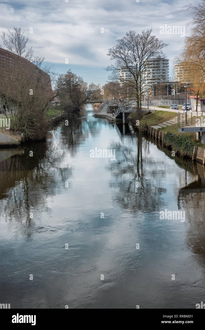Vejle city center with canal on a sunny day, Denmark Stock Photo