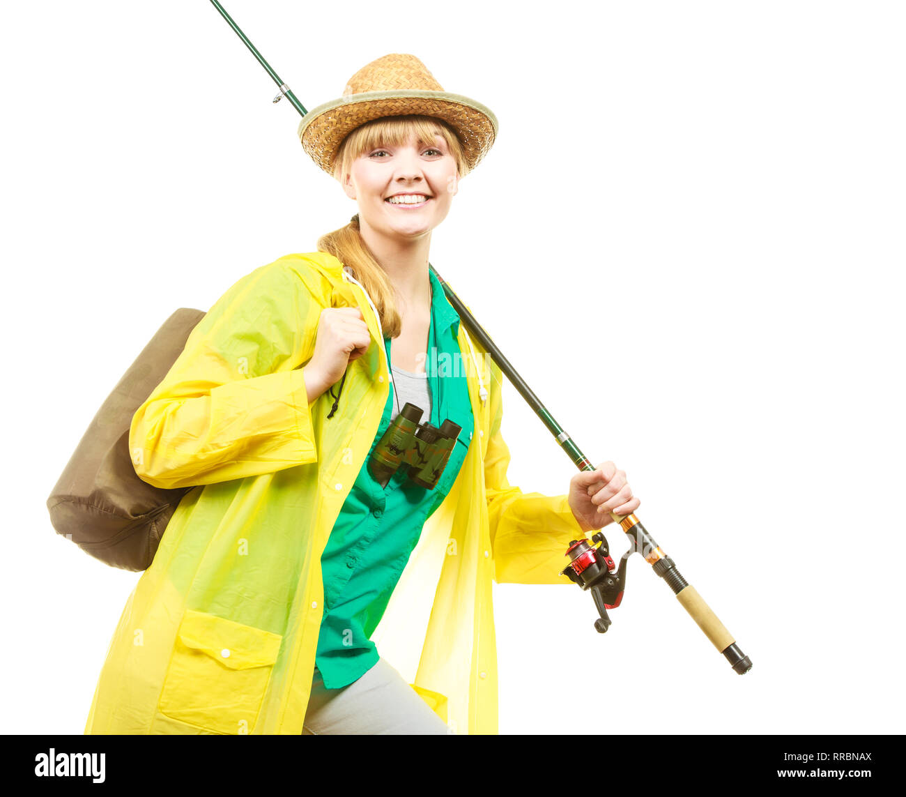 Fishery, spinning equipment, angling sport and activity concept. Woman