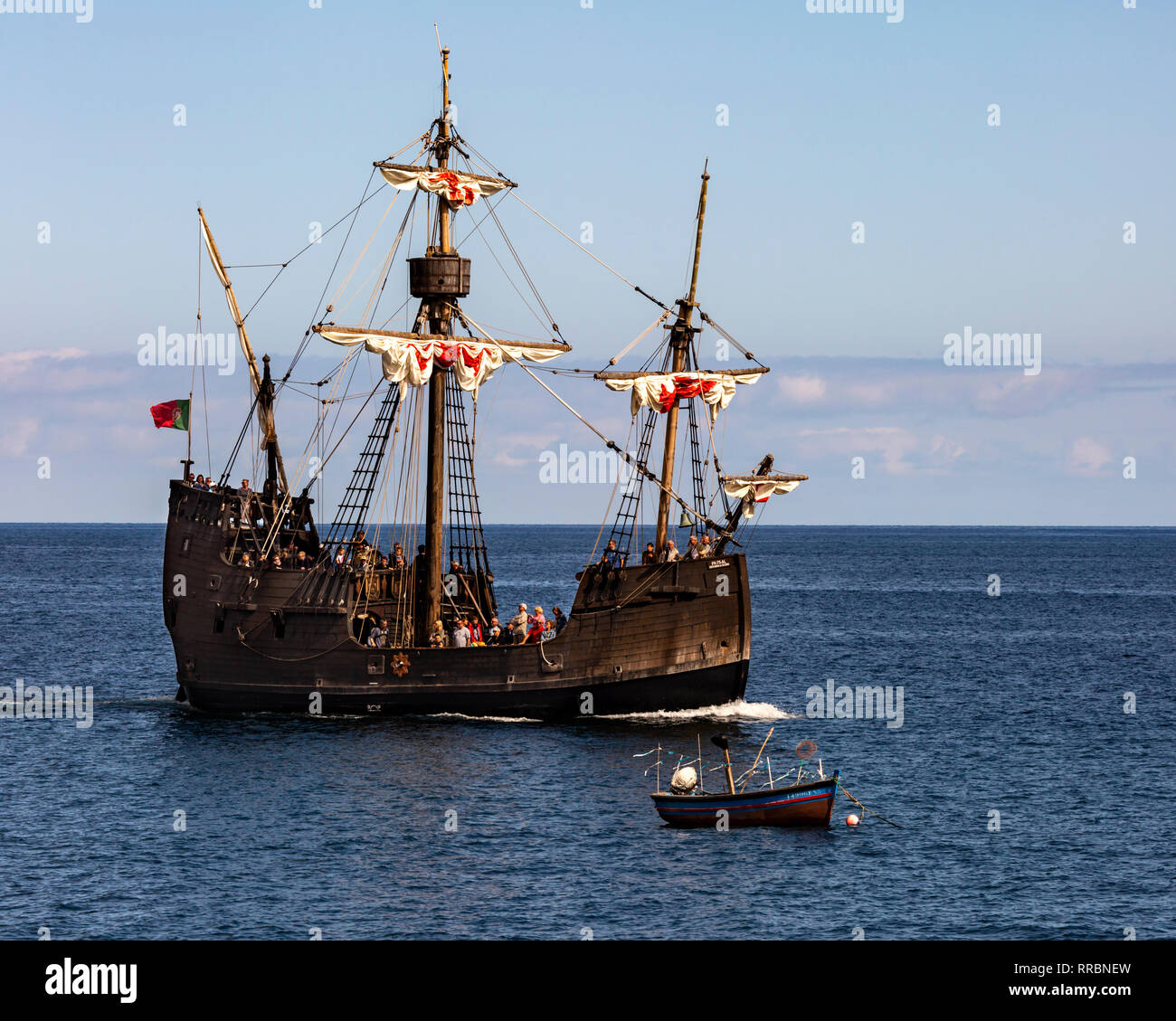Replica of the caravel Santa Maria de Colombo off the coast of Madeira, Portugal. Stock Photo
