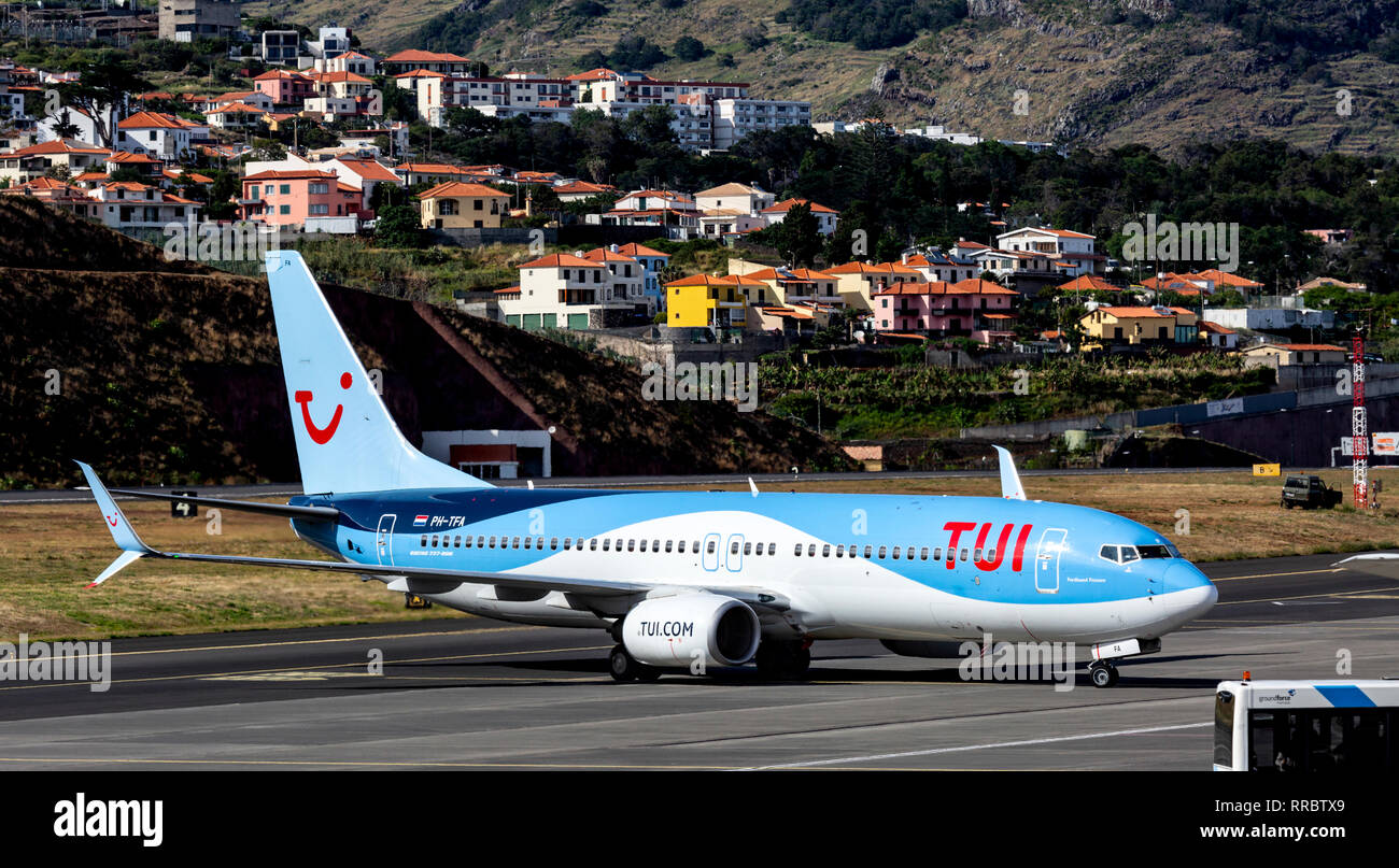 TUI Boeing 737 at Cristiano Ronaldo (Funchal) Airport, Madeira, Portugal. Stock Photo