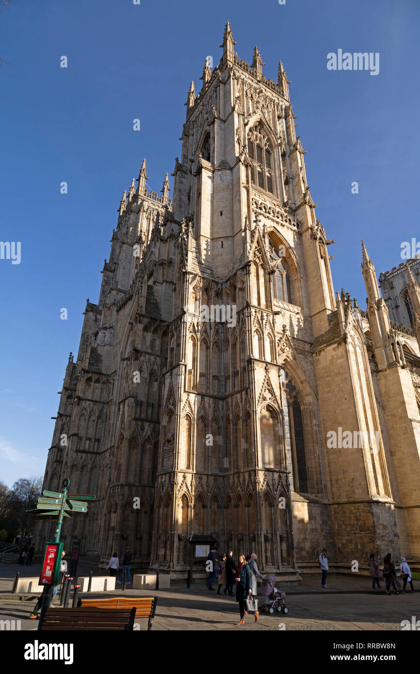 The facade of York Minster in York, England. The construction of the place of worship began in the 13th century. Stock Photo