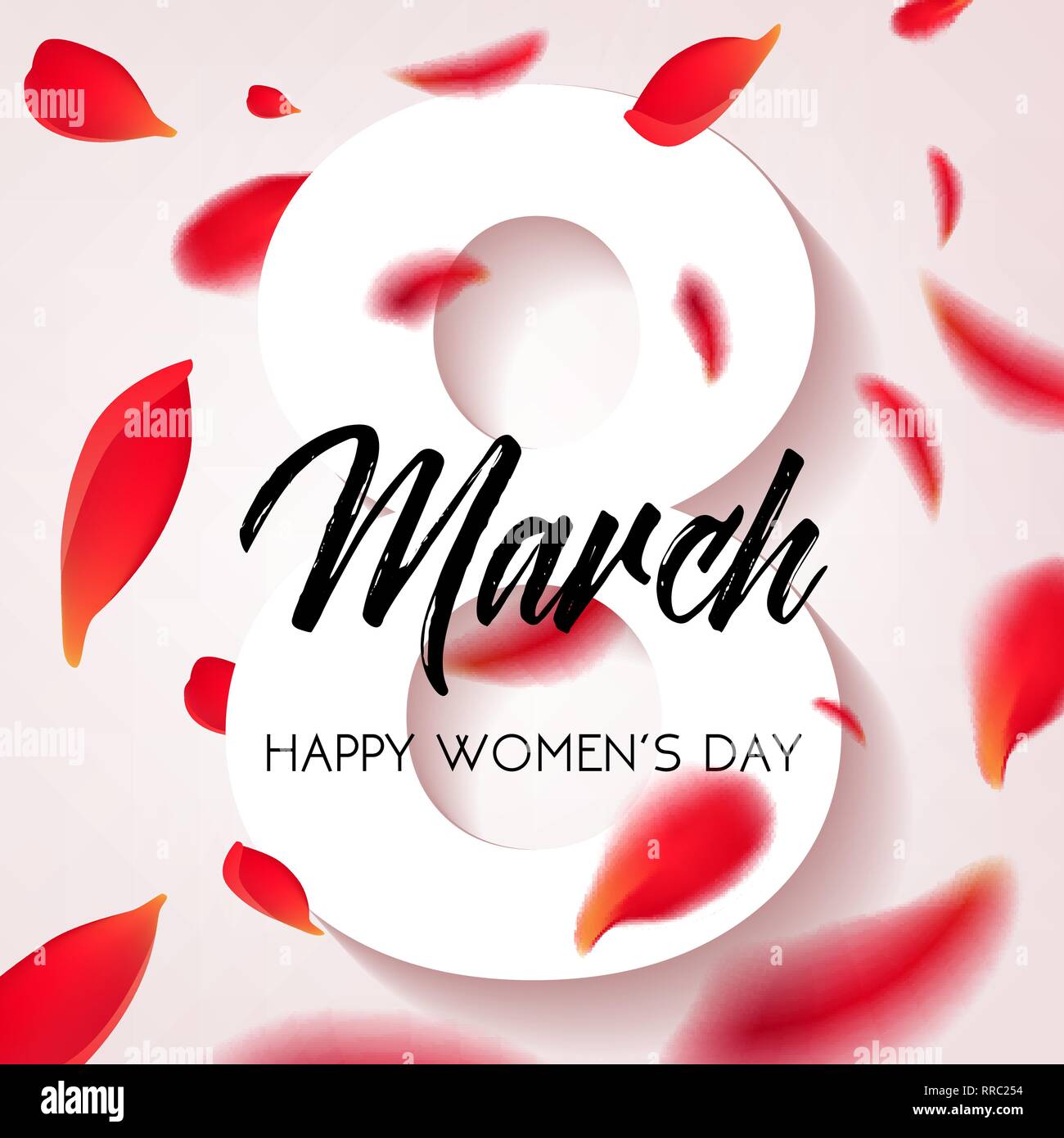 Happy Womens Day - March 8, congratulatory banner with petals of red roses on a white background. Vector illustration. Stock Vector