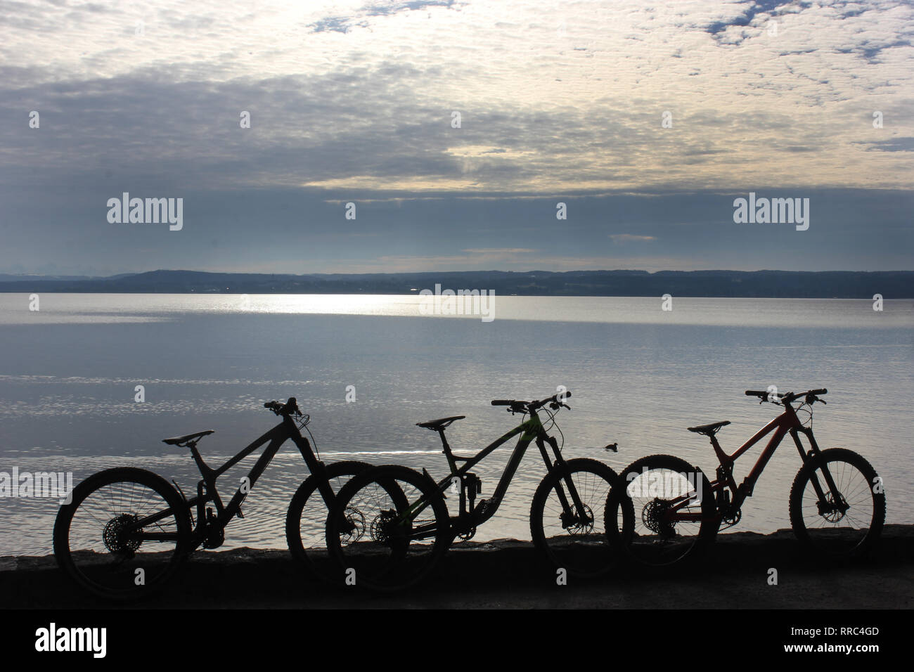 Group of three mountain bike silhouettes in front of lake Ammersee, bavaria, Herrsching. Horizon over water. Stock Photo