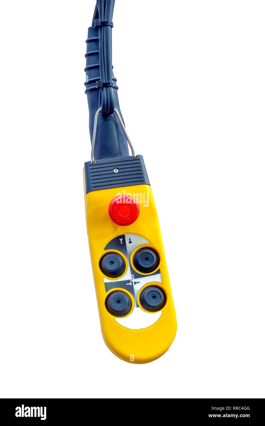 Yellow remote control for industrial hoist, isolated on white background Stock Photo