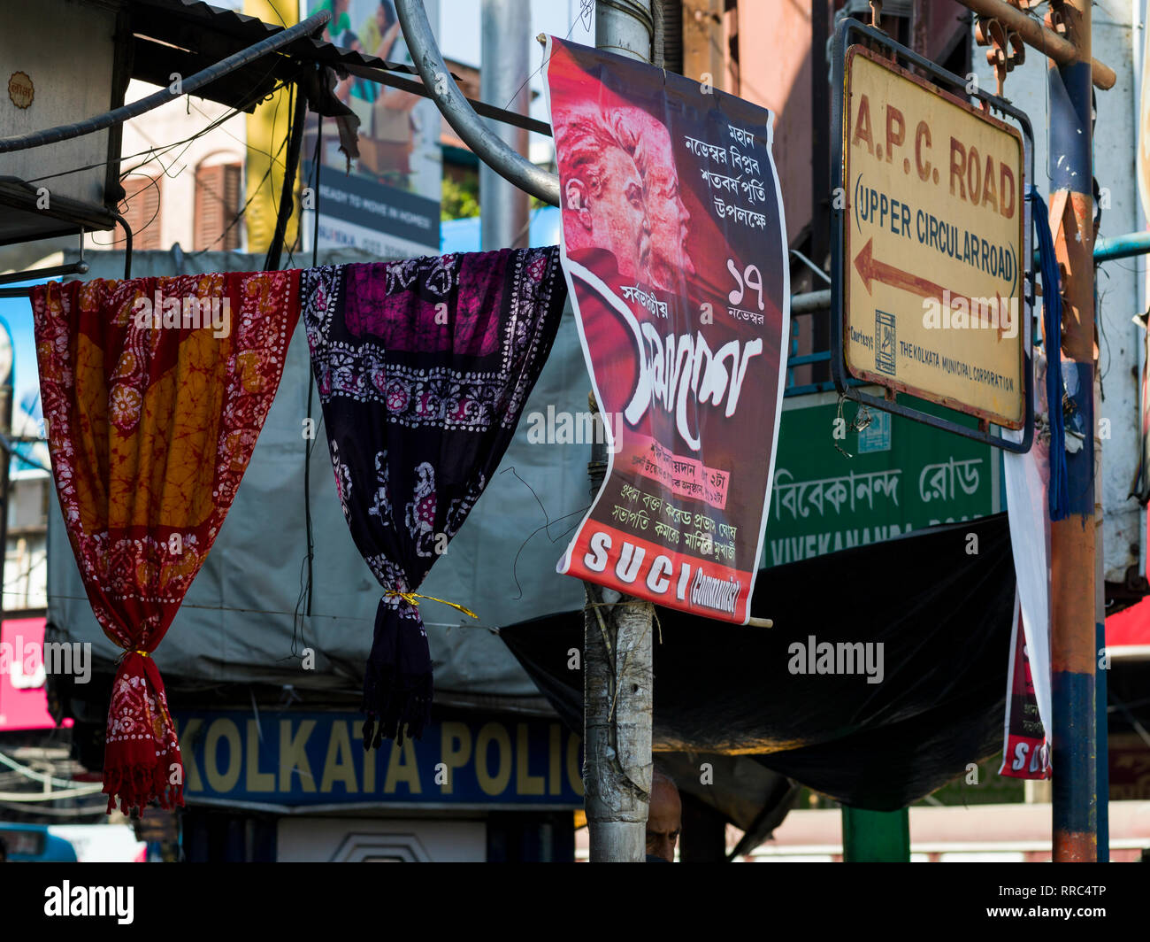 Signboards and posters in street, Kolkata, West Bengal, India Stock