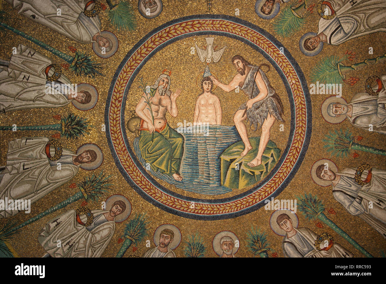 Italy. Ravenna. Arian Baptistery. Erected by Theodoric the Great 5th-6th century. Baptism of Jesus. Mosaic. Early Christians. Stock Photo