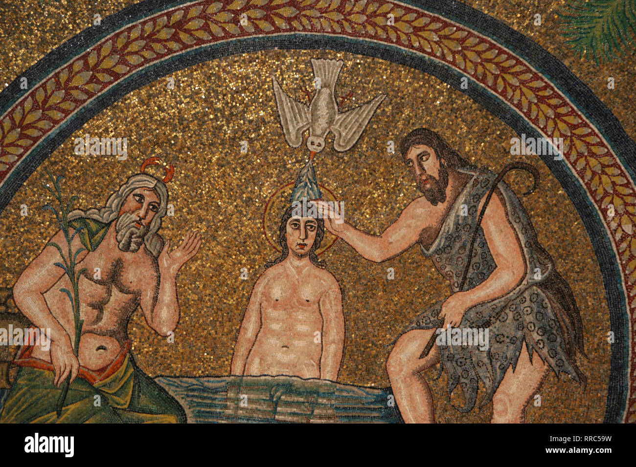 Italy. Ravenna. Arian Baptistery. Erected by Theodoric the Great 5th-6th century. Baptism of Jesus. Mosaic. Detail. Early Christians. Stock Photo