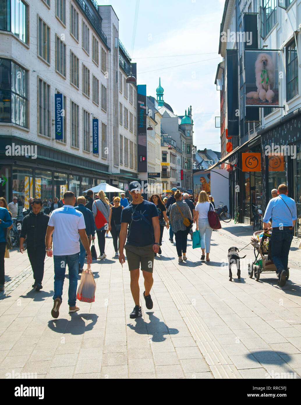 COPENHAGEN, DENMARK - JUNE 14, 2018: People at Stroget street - Copenhagen central shopping street. Copenhagen is the capital of Denmark. Stock Photo