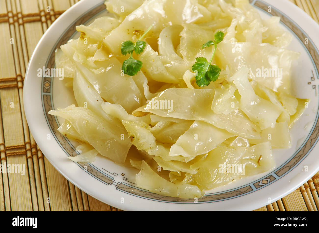 Bayrisch Kraut - Bavarian cabbage, shredded cabbage that is cooked in beef stock with pork lard, onion, apples, and seasoned with vinegar Stock Photo