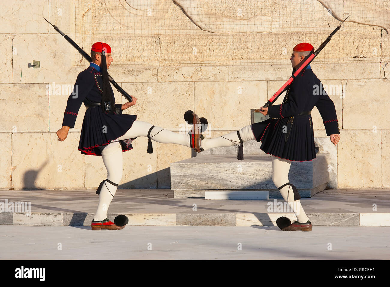 Greece, Attica, Athens, Evzones Greek soldiers on parade outside the Parliament building. Stock Photo