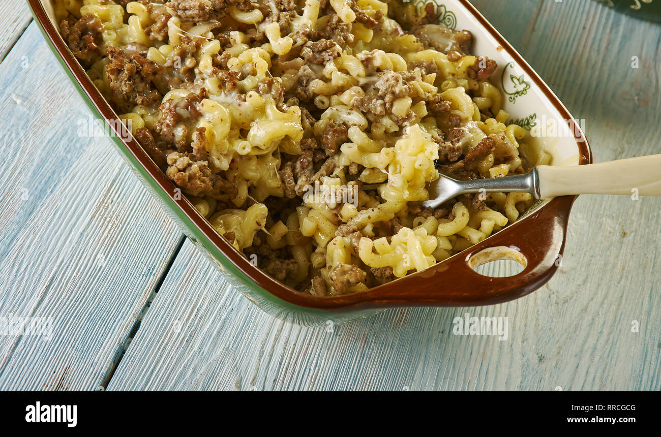 One Pot Homemade Hamburger Cheeseburger Macaroni Pasta Skillet Stock