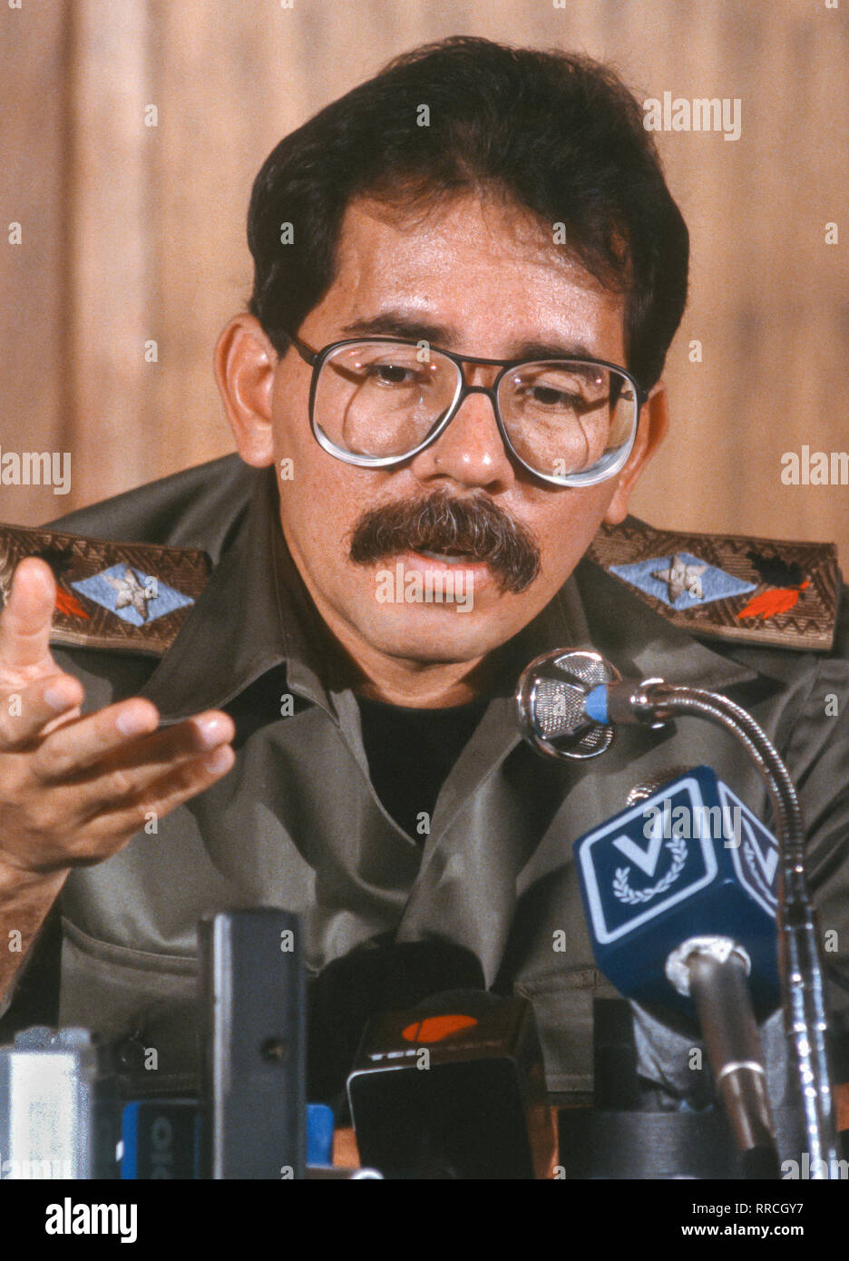 CARACAS, VENEZUELA - FEBRUARY 3, 1989: Daniel Ortega, President of Nicaragua, at news conference. Stock Photo