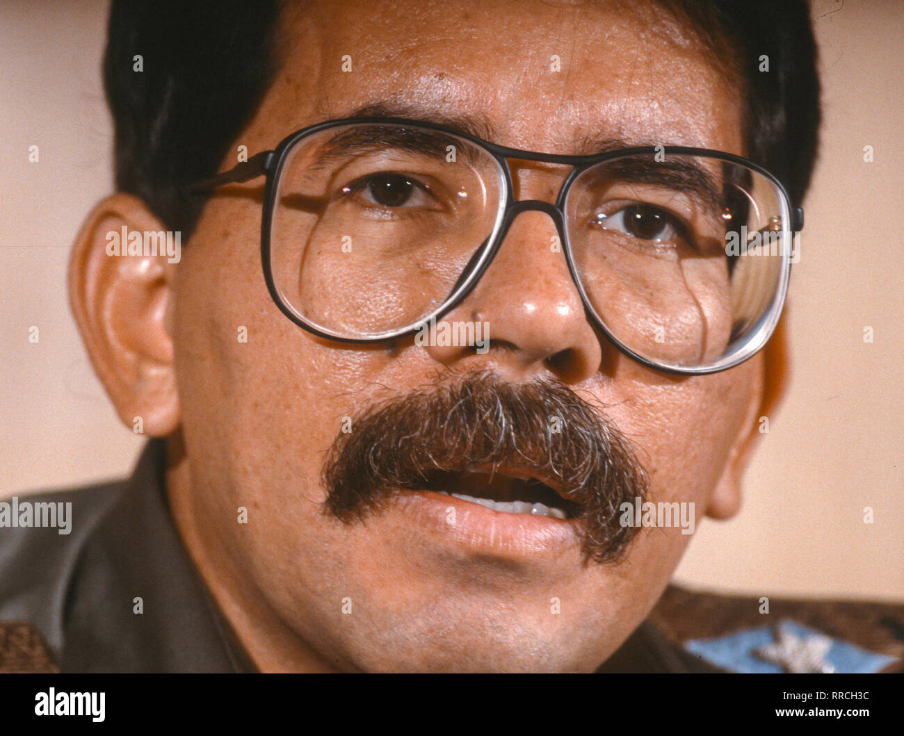 CARACAS, VENEZUELA - FEBRUARY 3, 1989: Daniel Ortega, President of Nicaragua, at news conference. Stock Photo