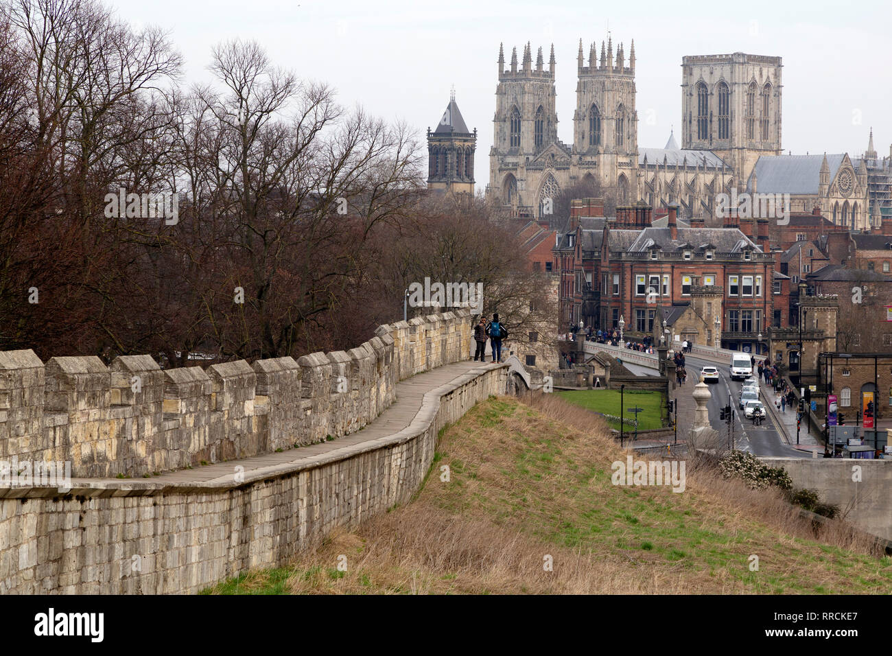 York Minster seen from the city walls in York, England. More than three miles of city walls can still be walked in the city. Stock Photo