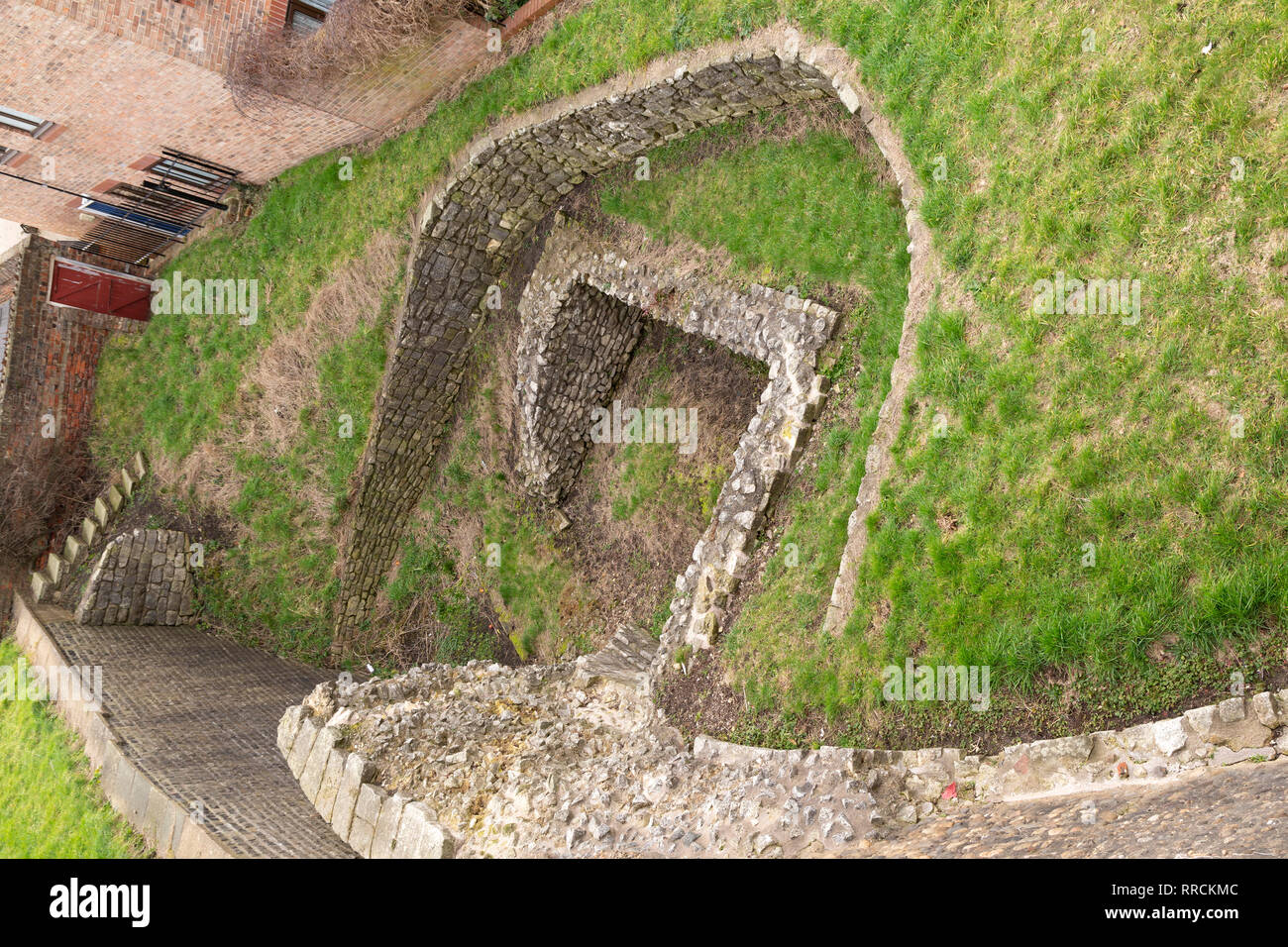 Excavated Roman remains in York, England. The walls are part of the Roman fort of Eboracum. Stock Photo