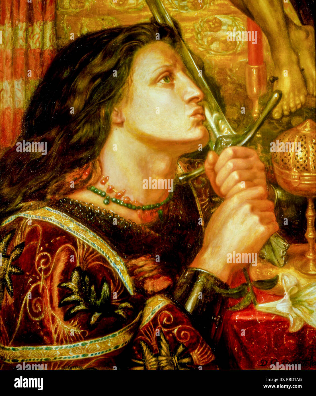 Joan of Arc kissing the Sword of Deliverance, Dante Gabriel Rossetti, 1863, portrait painting Stock Photo