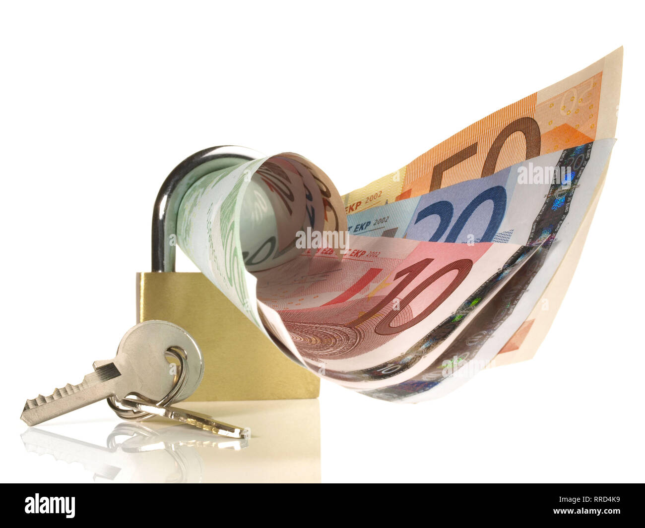 Money - Metall Lock with a Key on white Background Stock Photo