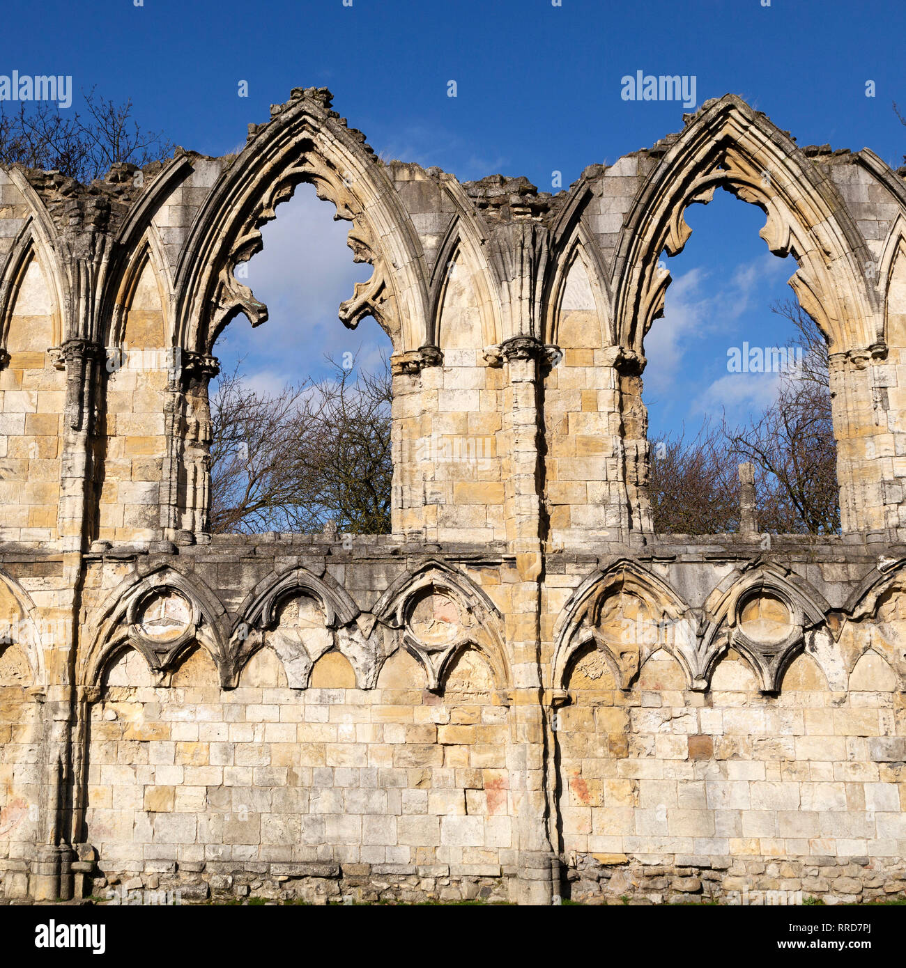 The ruins of St Mary's Abbey in York, England. The Benedictine Abbey was known as the richest in the north of England and was dissolved in 1539. Stock Photo