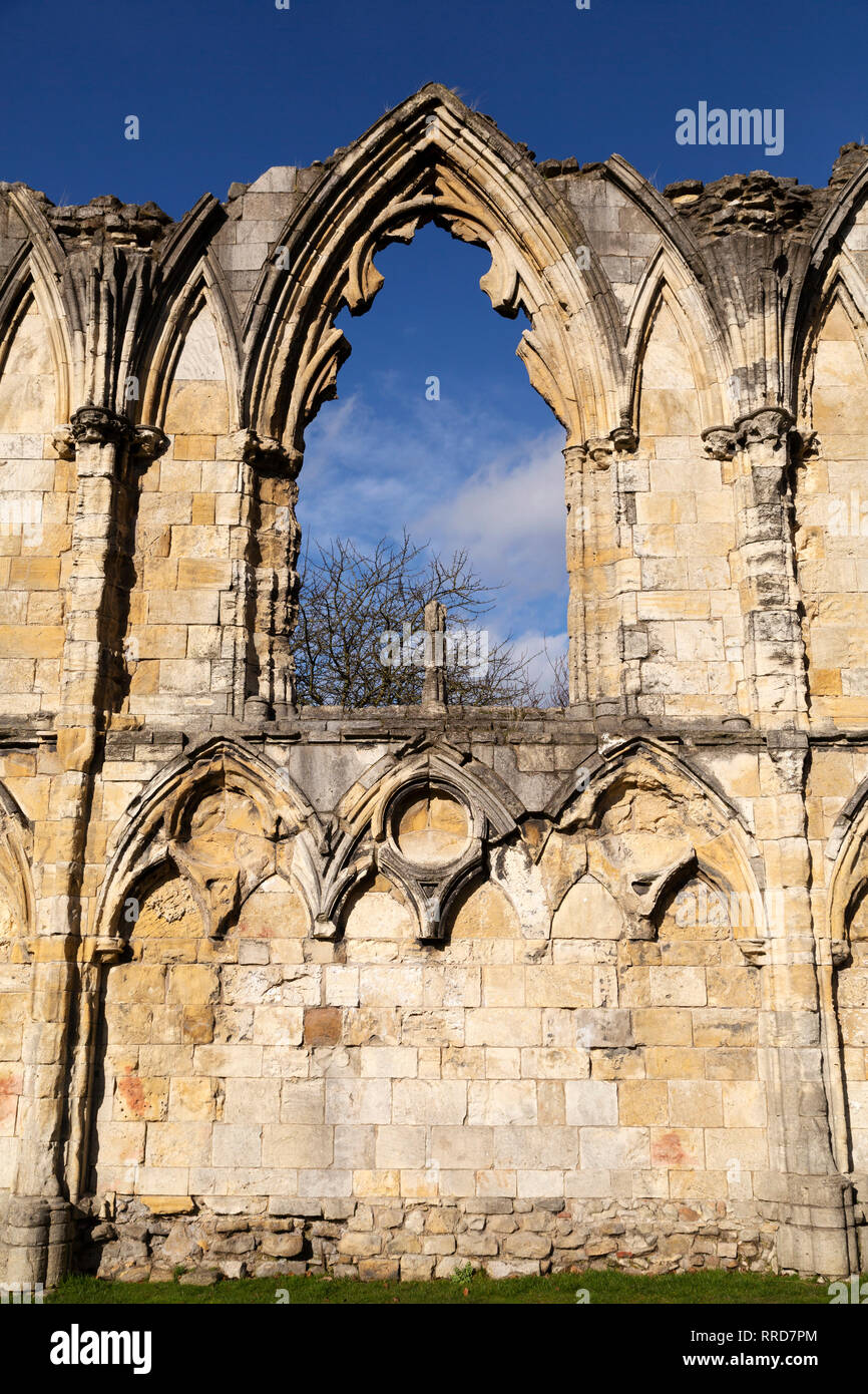 The ruins of St Mary's Abbey in York, England. The Benedictine Abbey was known as the richest in the north of England and was dissolved in 1539. Stock Photo
