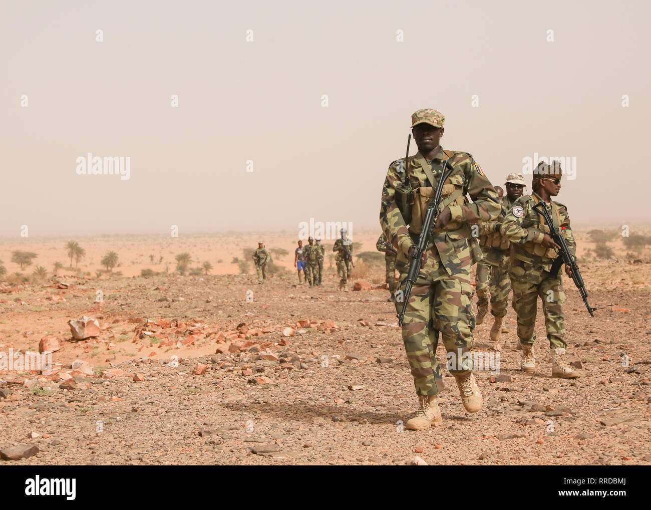 Chadian Soldiers move in a file formation during ambush training at Exercise Flintlock 2019 February 23, 2019 in Atar, Mauritania. Flintlock is a multi-national exercise consisting of 32 African and Western nations at multiple locations in Burkina Faso and Mauritania. Stock Photo