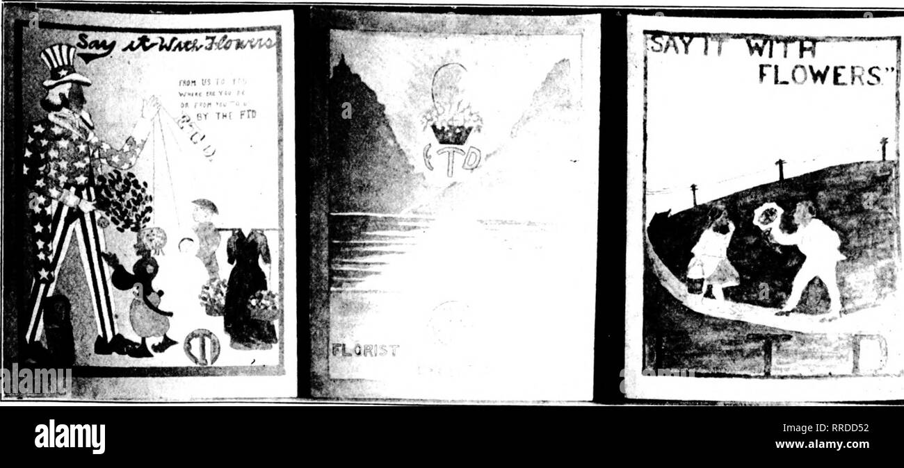 . Florists' review [microform]. Floriculture. Prize-Winning Posters of the Senior High School Students at Madison, Ind. trade are arraiiginj4 to attend tlie S. A. F. convention in Wasliiiif;t(in in Auortunity to make a few calls on the trade. .1. H. I'. INDIANA TELEGRAPH POSTERS. One of the most cons])icuous features in the preparation for the meeting; of the Florists' Telegraph D(divery Asso elation at Jndianaiiolis last October was the contest among students of vari- ous schools in the city for the poster most expressively presenting the t(de- graph delivery idea. One of the im l)ortant i)ha Stock Photo