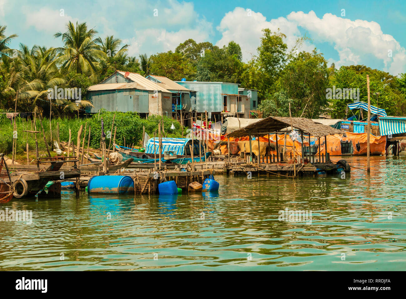 Daily life in Vietnamese floating villages in Tan Chau,, An Giang Province Mekong River, Vietnam, Asia Stock Photo