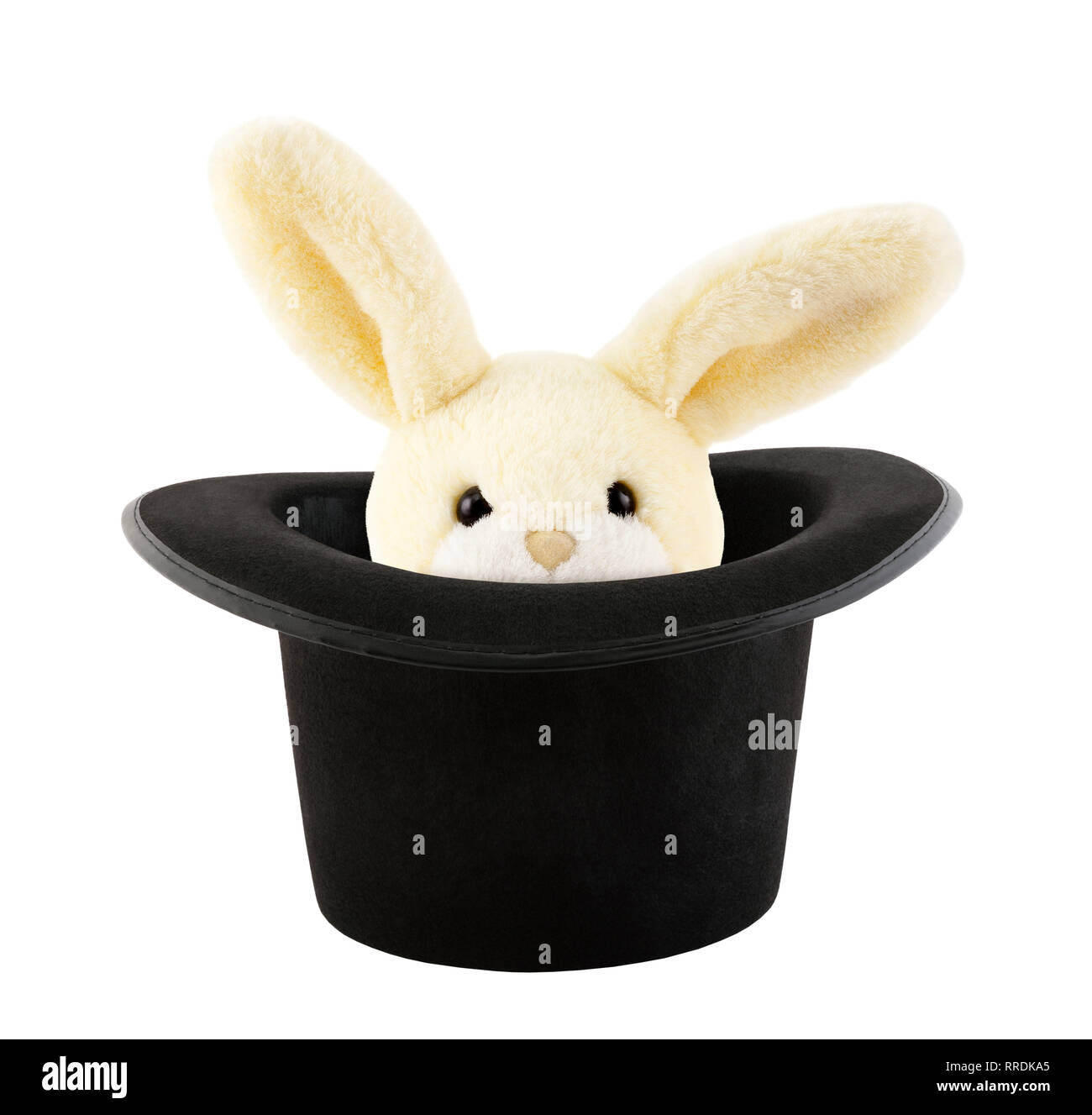 Rabbit toy appearing from a top hat isolated on white background Stock ...