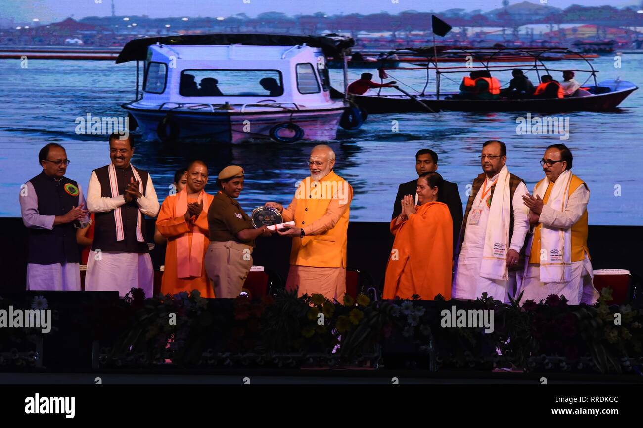 Allahabad, India. 24th Feb, 2019. Allahabad: Prime Minister Narendra Modi along with uttar Pradesh Chief minister Aditya Nath Yogi, Deputy Chief minister Keshav Prasad Maurya, Central Minister Uma Bharti, Health minister Siddharth Nath Singh facilitate Police during a programme at Ganga Pandal During kumbh in Allahabad on 24-02-2019. Photo by prabhat kumar verma Credit: Prabhat Kumar Verma/Pacific Press/Alamy Live News Stock Photo