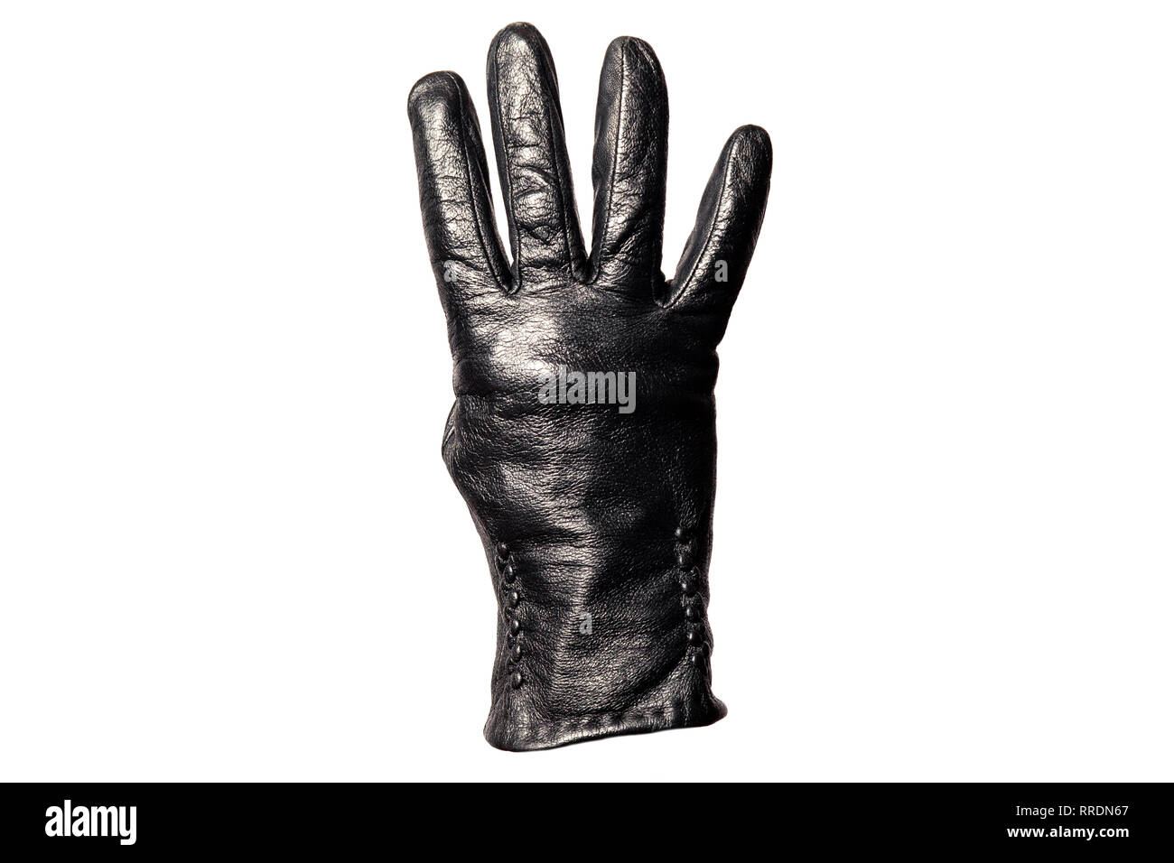 Closeup black leather glove, fingers showing number four. Isolated on
