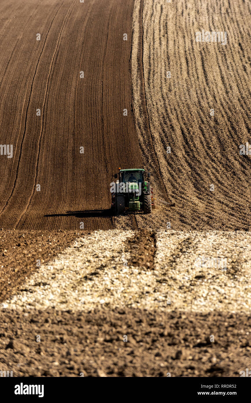 BRIGHTON, ENGLAND - FEBRUARY 25: A farmer preparing his fields for the spring at Falmer, near Brighton, England. (Photo by Andrew Hasson/Getty Images) Stock Photo