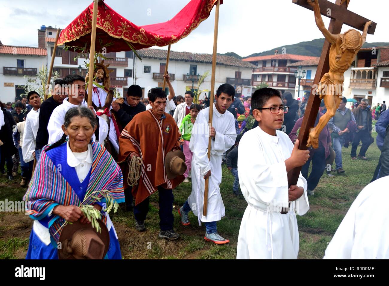 Procession - Palm Sunday in CHACAS - National park HUASCARAN. Department of Ancash.PERU            											  					  			 	  	  			 	    	 Stock Photo