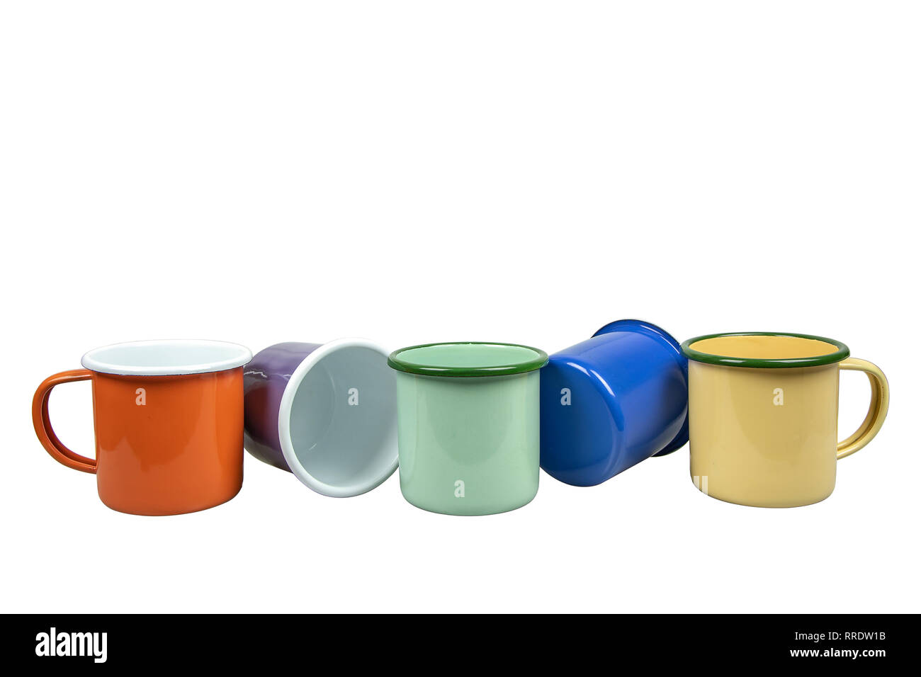 Colourful of tin cups on white background Stock Photo - Alamy