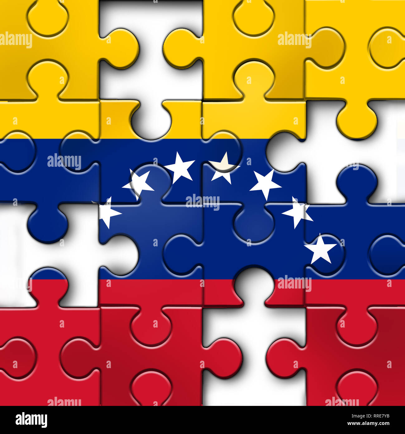 Venezuela political challenge and  crisis or Venezuelan politics as uncertainty in Caracas and a puzzle with the flag. Stock Photo