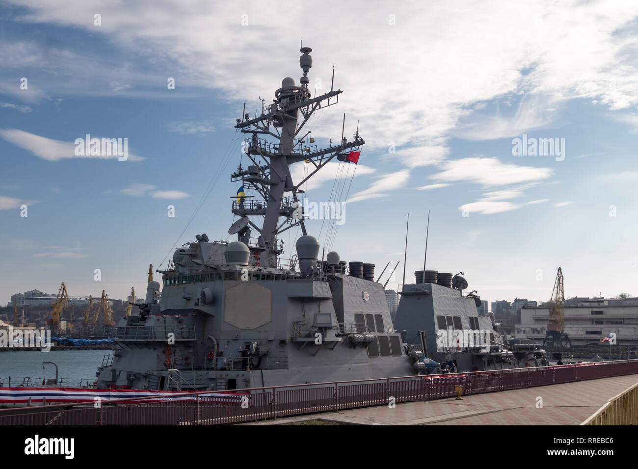 The destroyer Donald Kook in the port of Odessa.(USS Donald Cook (DDG-75) Odessa. Ukraine. 2019.02.25. Black Sea. Stock Photo