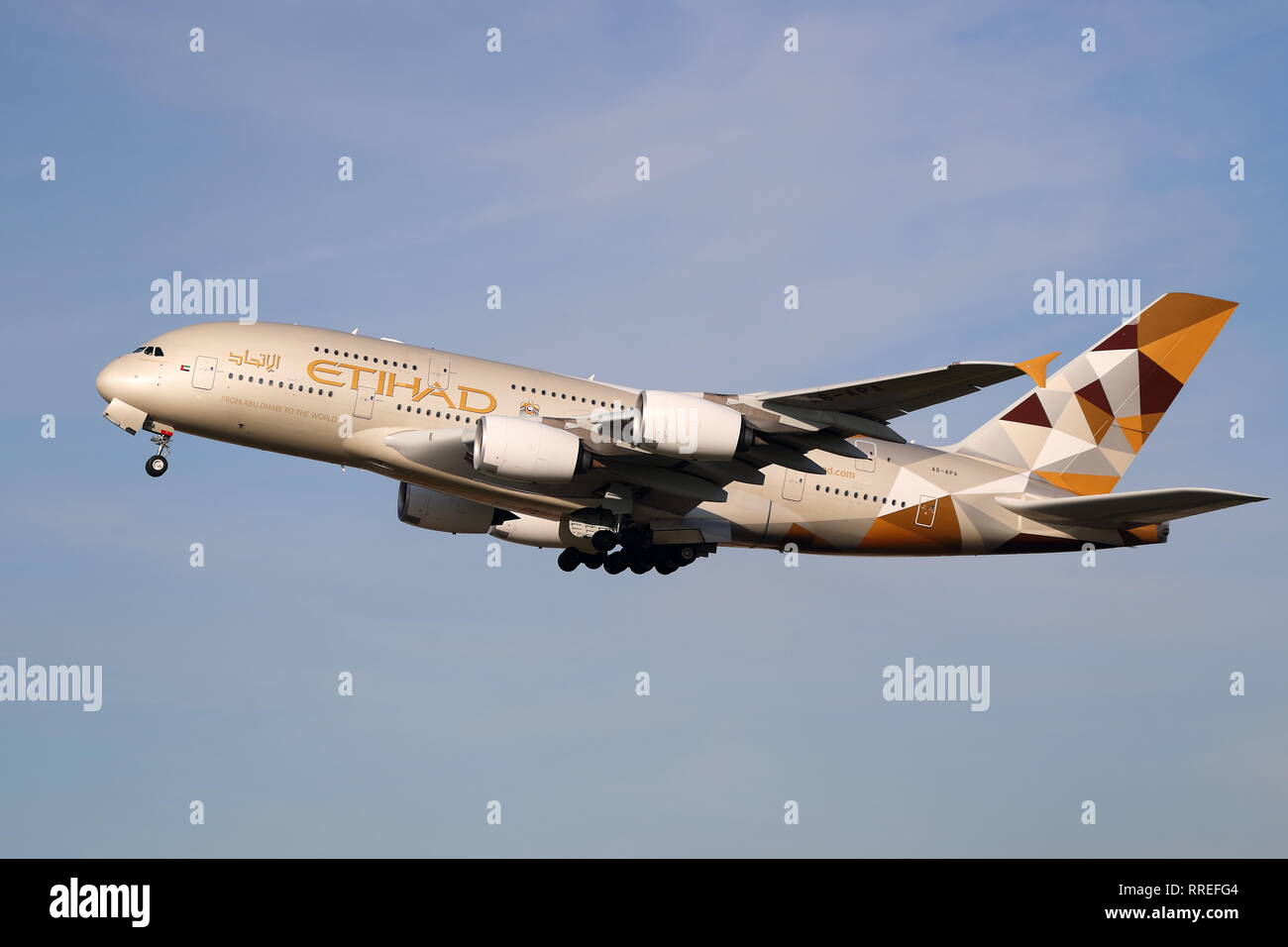 Etihad Airways Airbus A380  A6-APA taking off from London Heathrow Airport, UK Stock Photo