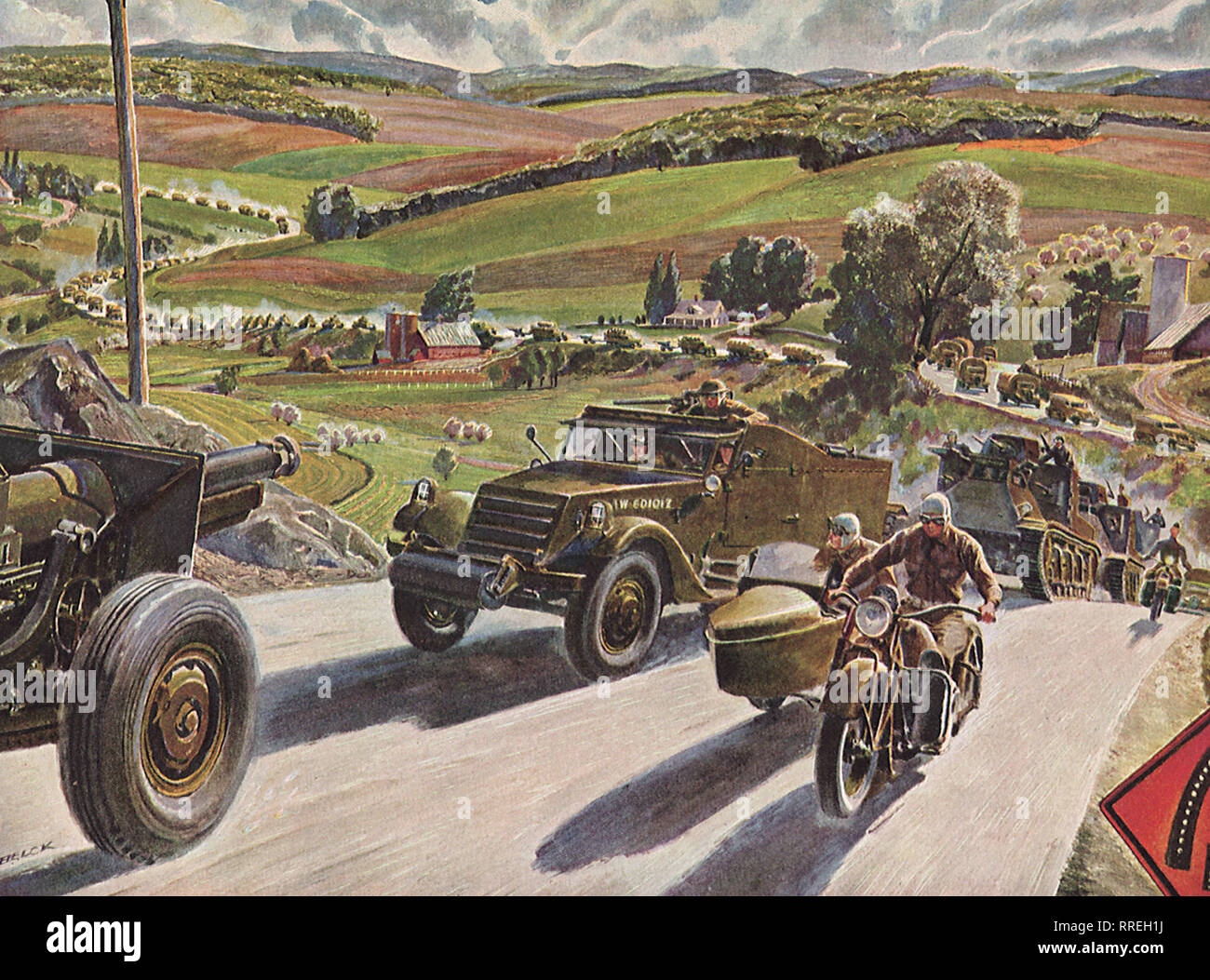 Half-tracks, Motorcycles and Troops on Country Road. Stock Photo