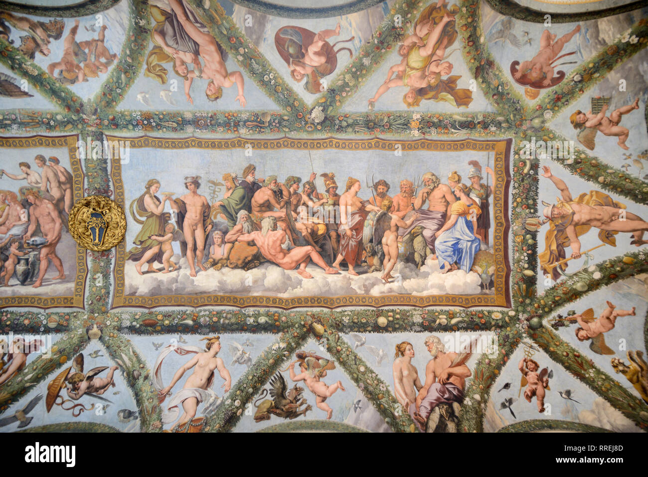 Painted Ceiling of the Loggia of Cupid & Psyche (1518) by Raphaël, in the Renaissance Villa Farnesina, built 1506-1510, Trastevere Rome Italy Stock Photo