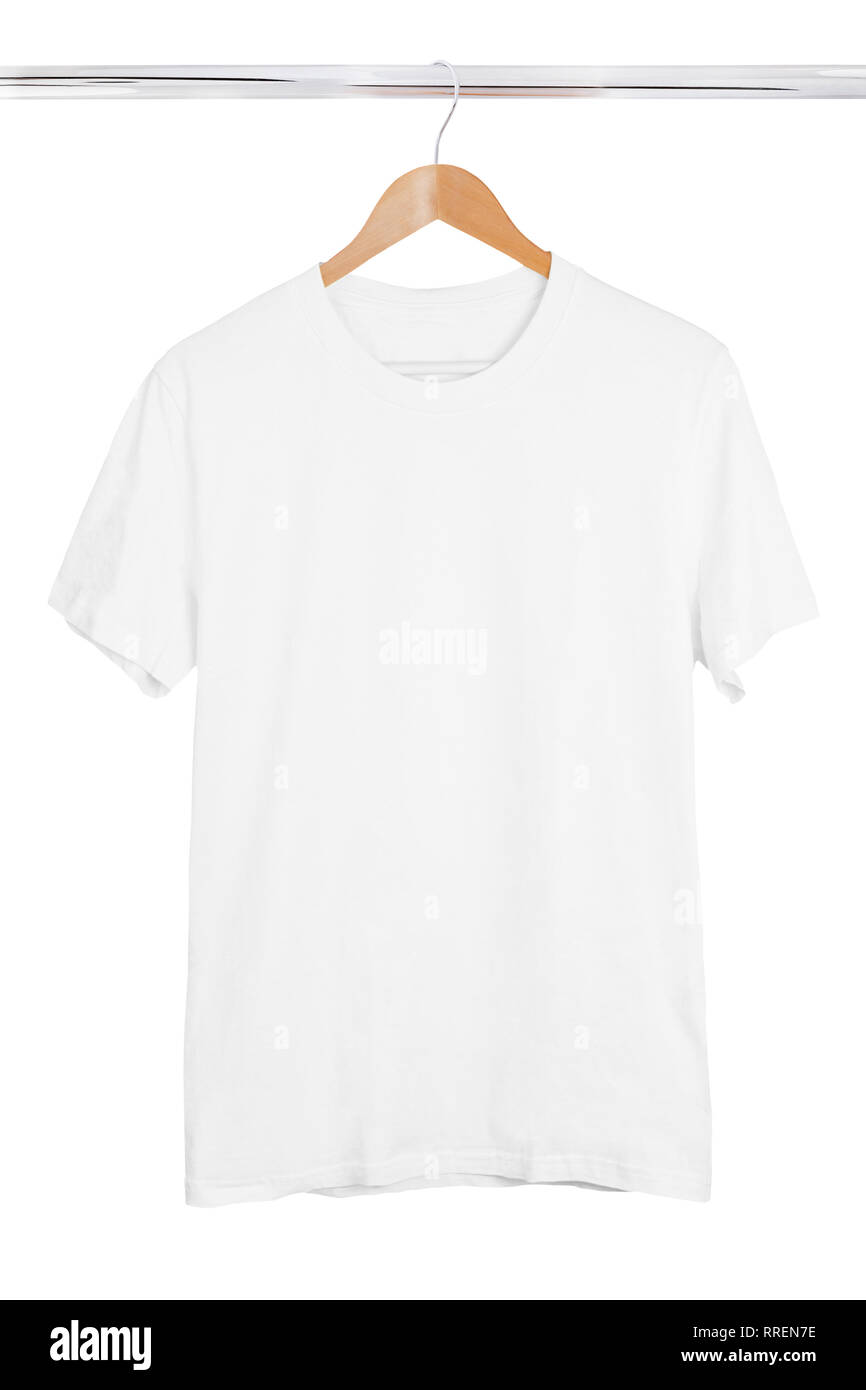 Blank white t-shirt on hanger isolated on white background Stock Photo