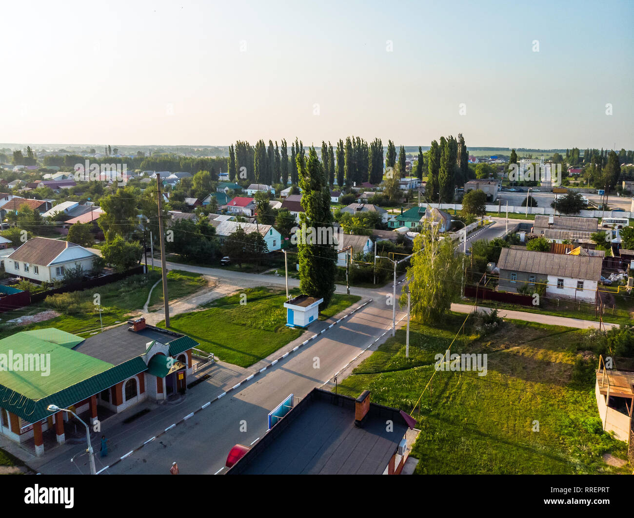 Gryazi, Russia - July 29. 2018. Top view of one-storey residential ...