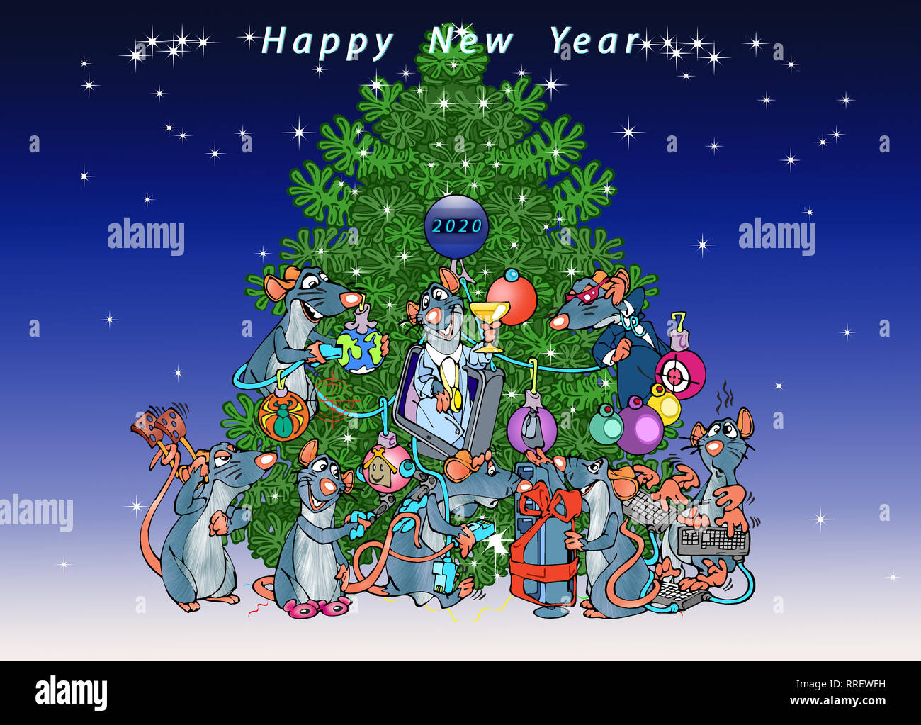 The Christmas illustration a group cartoon rats as a symbol Chinese of the new year 2020. The figure represents the concept of the Internet, teamwork Stock Photo