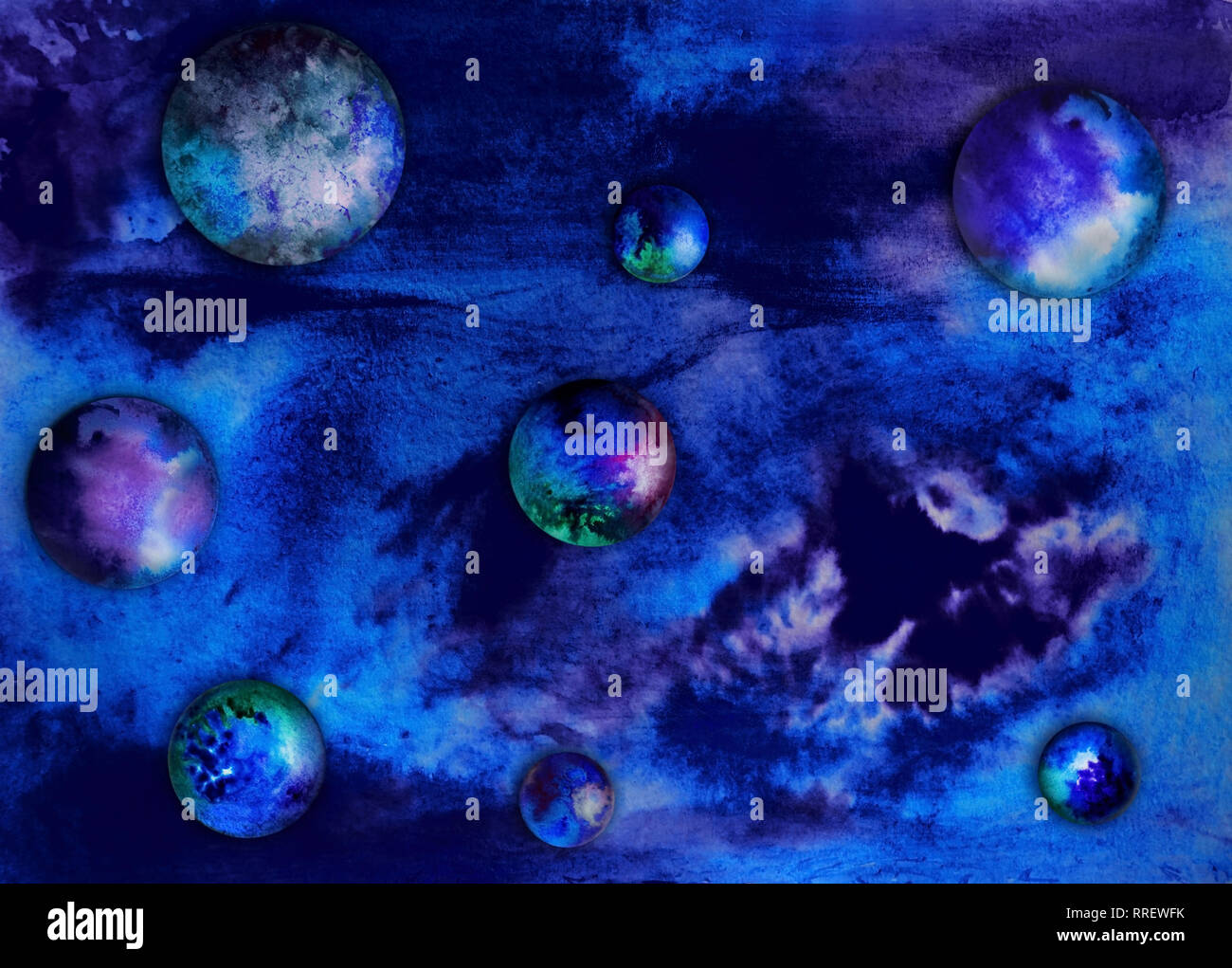 Watercolor fantastic background with voluminous colorful spheres on outer space background. Stock Photo