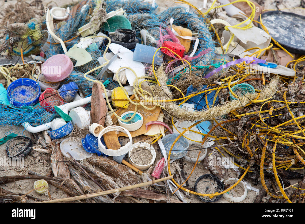 Trash collected on coastal beach. Stock Photo