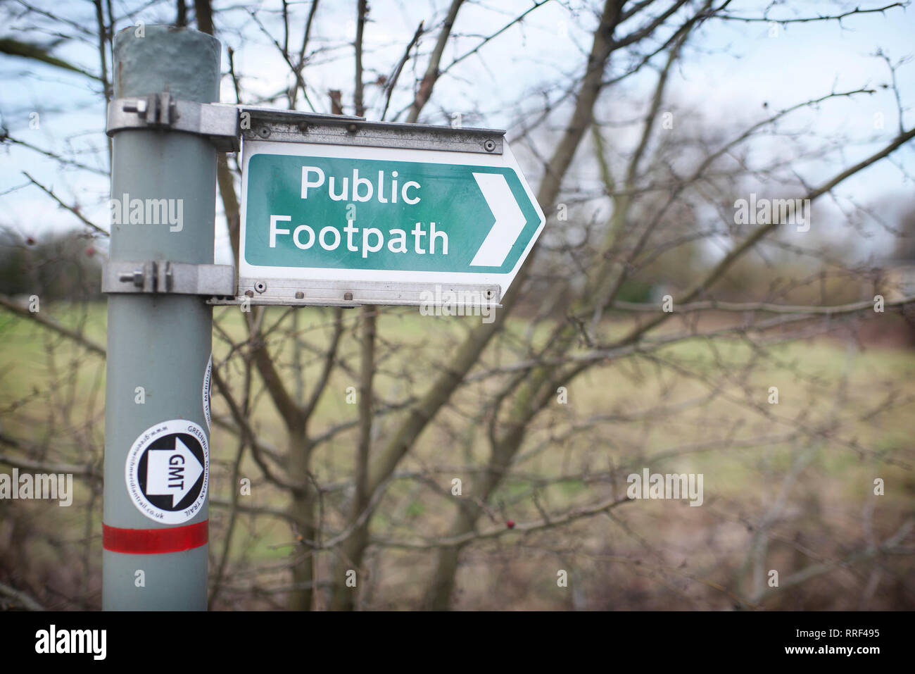 Modern UK public footpath signage in the countryside Stock Photo